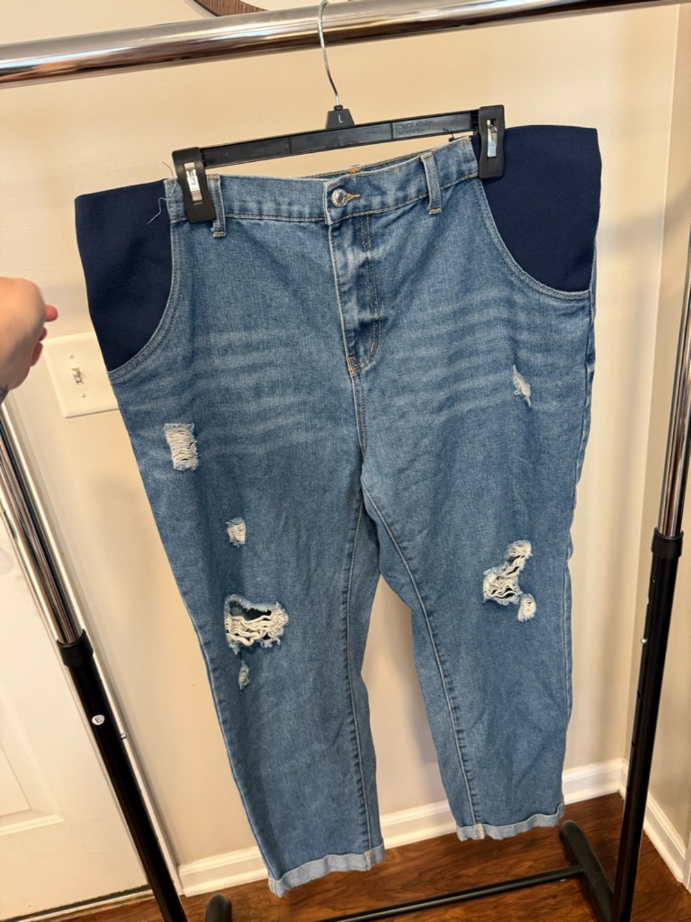 Amazon Women’s Blue Distressed Maternity Jeans with Navy Panel Waist